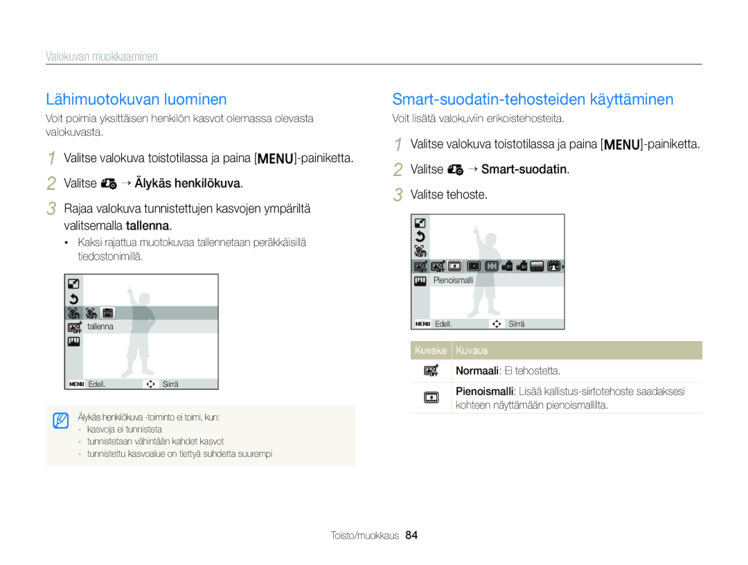 Samsung EC-ST88ZZBPLE2 manual Lähimuotokuvan luominen, Valokuvan muokkaaminen, Voit lisätä valokuviin erikoistehosteita 