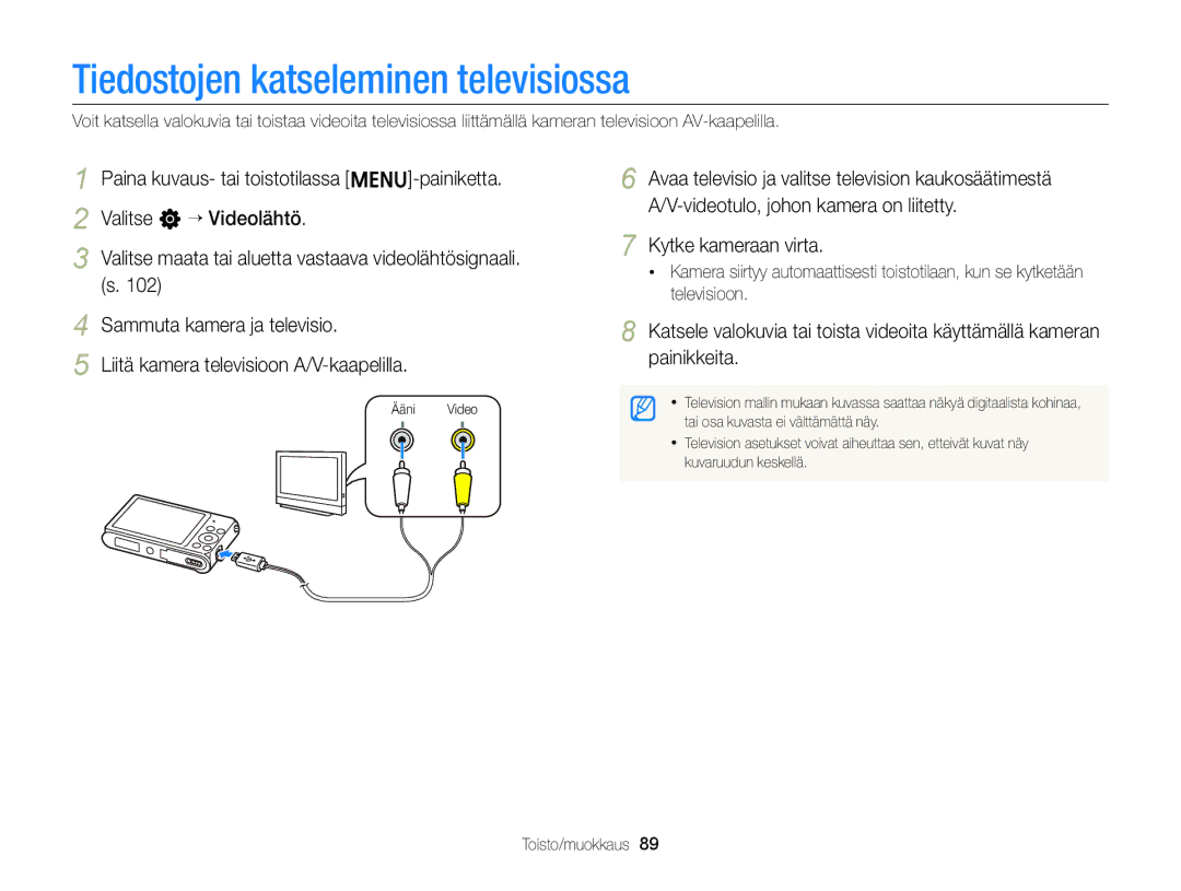 Samsung EC-ST88ZZBPLE2, EC-ST88ZZBPWE2, EC-ST88ZZFPWE2 manual Tiedostojen katseleminen televisiossa, Kytke kameraan virta 