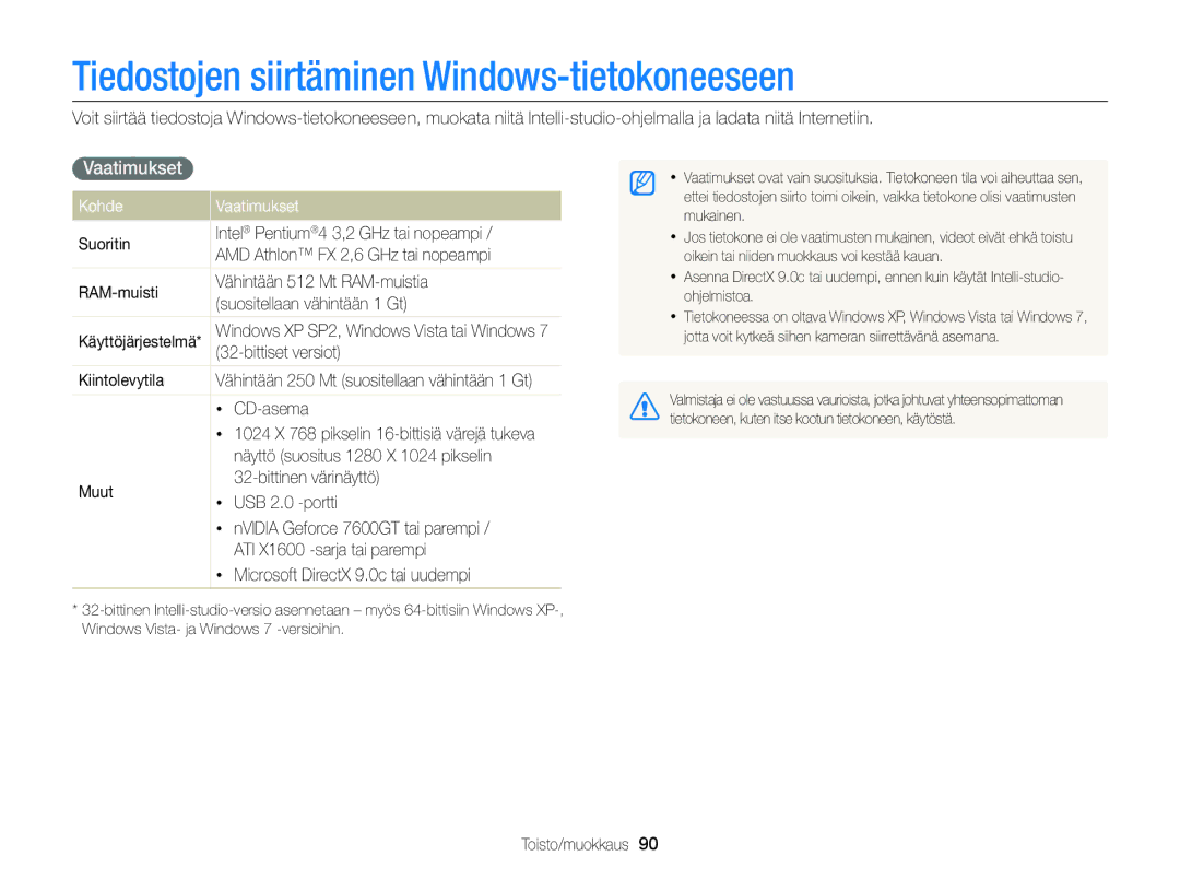 Samsung EC-ST88ZZBPWE2, EC-ST88ZZBPLE2 manual Tiedostojen siirtäminen Windows-tietokoneeseen, Kohde Vaatimukset 