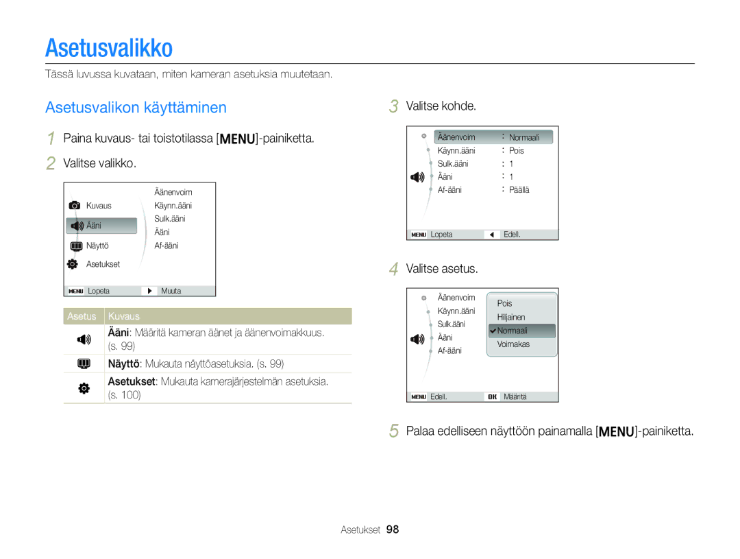 Samsung EC-ST88ZZBPBE2, EC-ST88ZZBPLE2, EC-ST88ZZBPWE2 manual Asetusvalikko, Asetusvalikon käyttäminen, Valitse kohde 