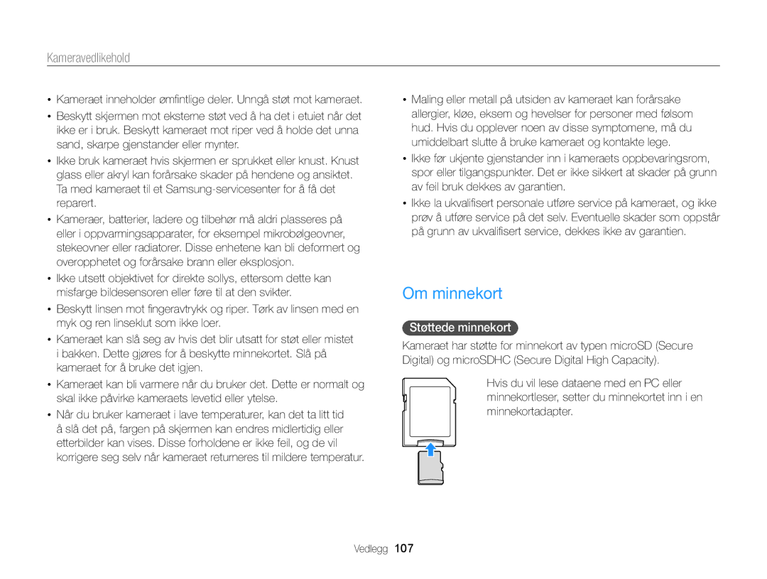 Samsung EC-ST88ZZFPLE2, EC-ST88ZZBPLE2, EC-ST88ZZBPWE2, EC-ST88ZZFPWE2, EC-ST88ZZBPBE2 manual Om minnekort, Støttede minnekort 