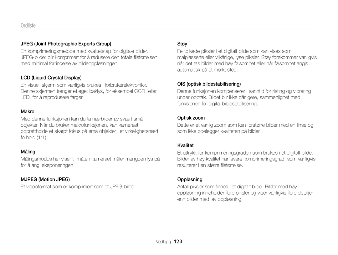 Samsung EC-ST88ZZBPBE2, EC-ST88ZZBPLE2, EC-ST88ZZBPWE2, EC-ST88ZZFPWE2, EC-ST88ZZFPLE2 manual Ordliste 