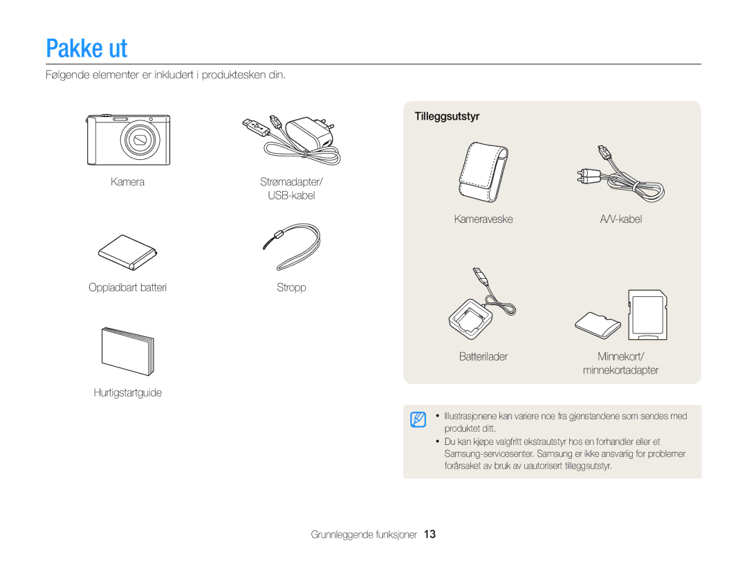 Samsung EC-ST88ZZBPBE2 manual Pakke ut, KameraveskeA/V-kabel Oppladbart batteri, Hurtigstartguide, Grunnleggende funksjoner 