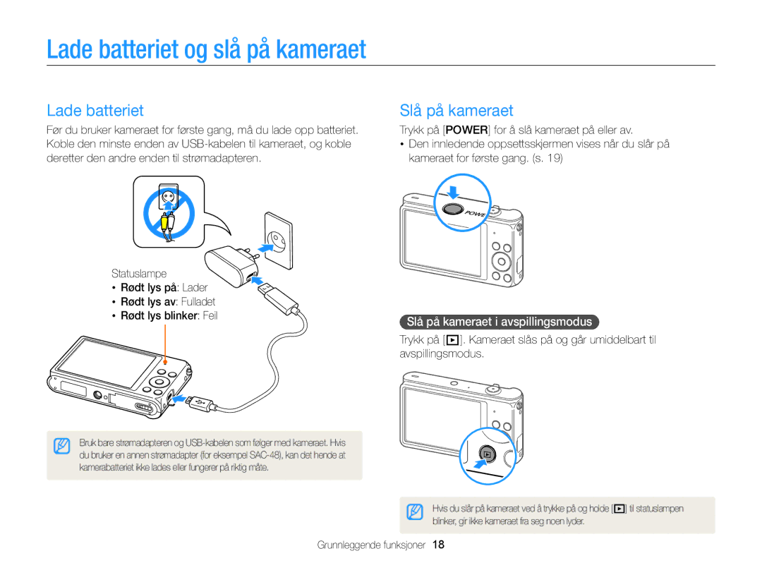 Samsung EC-ST88ZZBPBE2, EC-ST88ZZBPLE2 manual Lade batteriet og slå på kameraet, Slå på kameraet i avspillingsmodus 