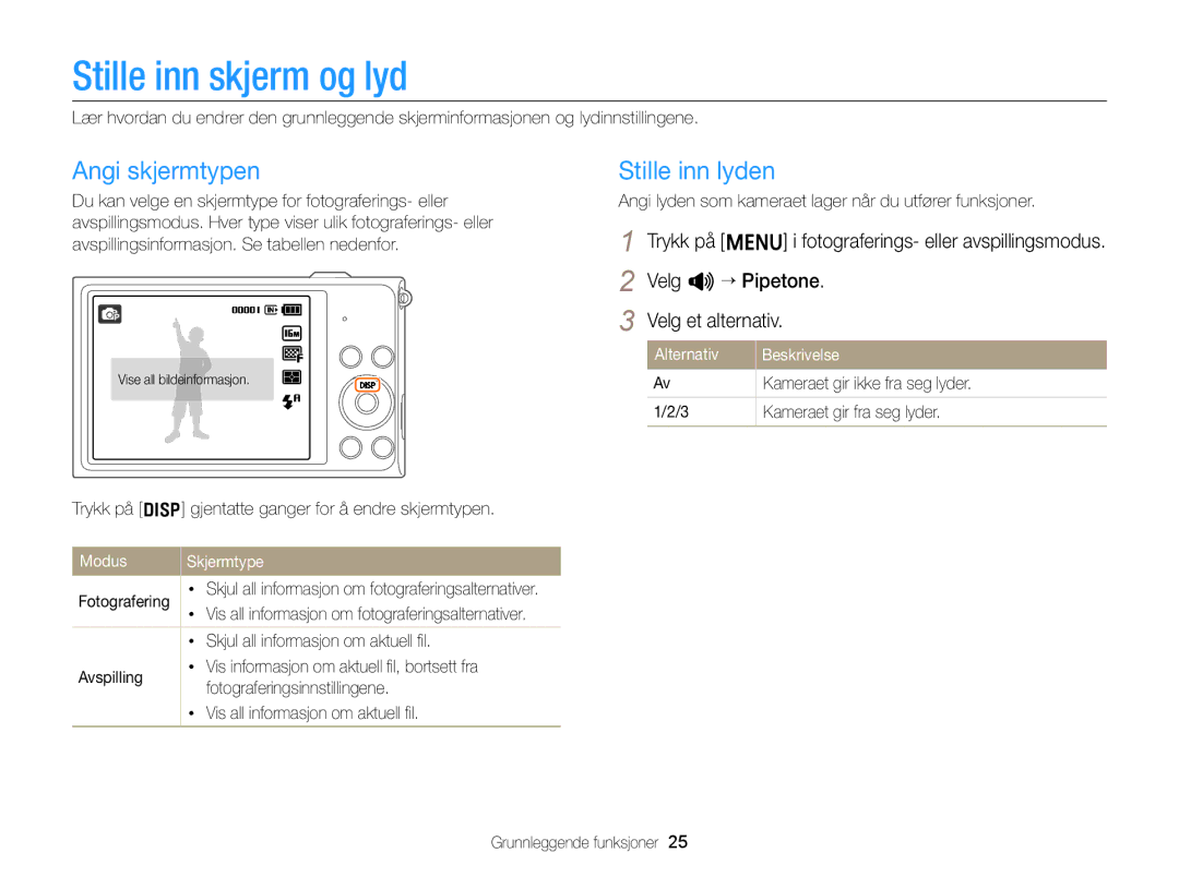 Samsung EC-ST88ZZBPWE2, EC-ST88ZZBPLE2, EC-ST88ZZFPWE2 manual Stille inn skjerm og lyd, Angi skjermtypen, Stille inn lyden 