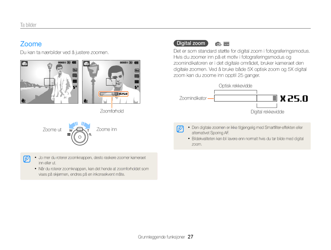 Samsung EC-ST88ZZFPLE2 manual Zoome, Ta bilder, Digital zoom p s, Optisk rekkevidde Zoomindikator Digital rekkevidde 