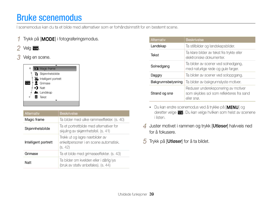 Samsung EC-ST88ZZBPLE2, EC-ST88ZZBPWE2 manual Bruke scenemodus, Trykk på M i fotograferingsmodus Velg s Velg en scene 