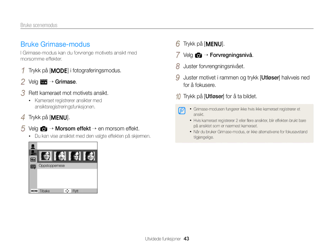 Samsung EC-ST88ZZBPBE2, EC-ST88ZZBPLE2, EC-ST88ZZBPWE2 manual Du kan vise ansiktet med den valgte effekten på skjermen 