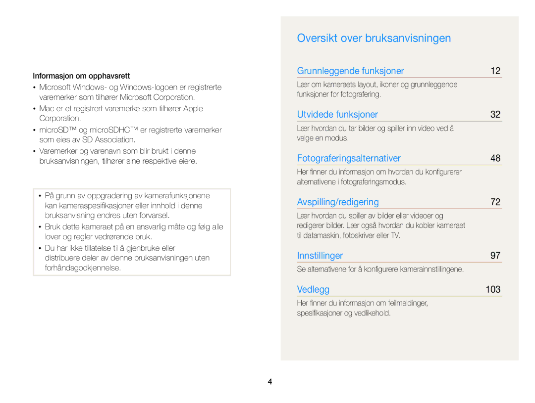 Samsung EC-ST88ZZBPLE2, EC-ST88ZZBPWE2, EC-ST88ZZFPWE2, EC-ST88ZZFPLE2, EC-ST88ZZBPBE2 Oversikt over bruksanvisningen, 103 