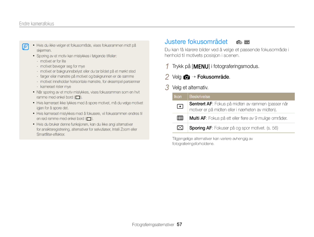 Samsung EC-ST88ZZFPLE2, EC-ST88ZZBPLE2 manual Justere fokusområdet p s, Motiver er på midten eller i nærheten av midten 