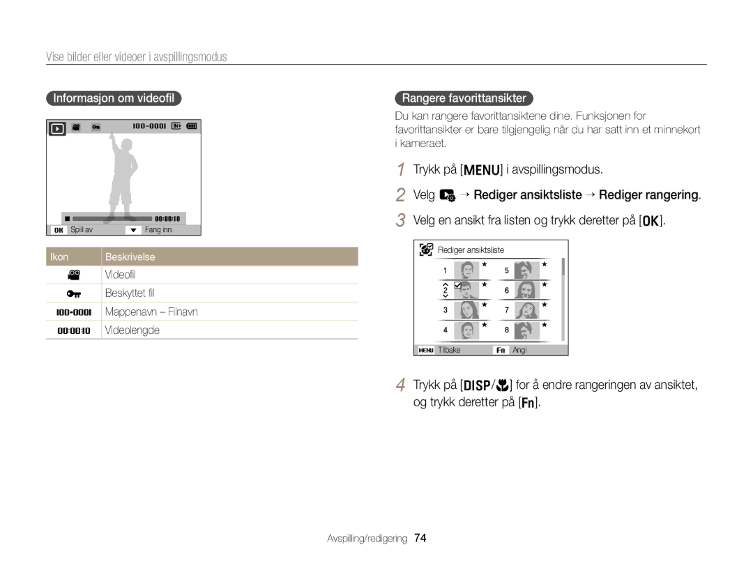 Samsung EC-ST88ZZBPLE2 Vise bilder eller videoer i avspillingsmodus, Trykk på m i avspillingsmodus, Informasjon om videoﬁl 