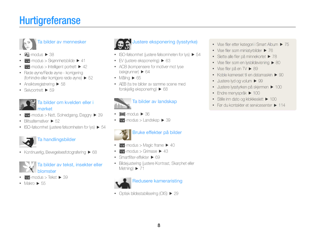 Samsung EC-ST88ZZBPBE2, EC-ST88ZZBPLE2 manual Hurtigreferanse, Ta bilder av mennesker Justere eksponering lysstyrke 