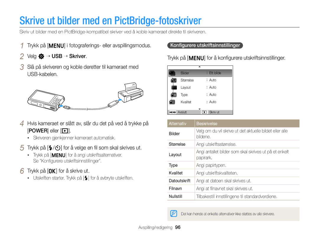 Samsung EC-ST88ZZFPWE2 Skrive ut bilder med en PictBridge-fotoskriver, Trykk på F/t for å velge en ﬁl som skal skrives ut 