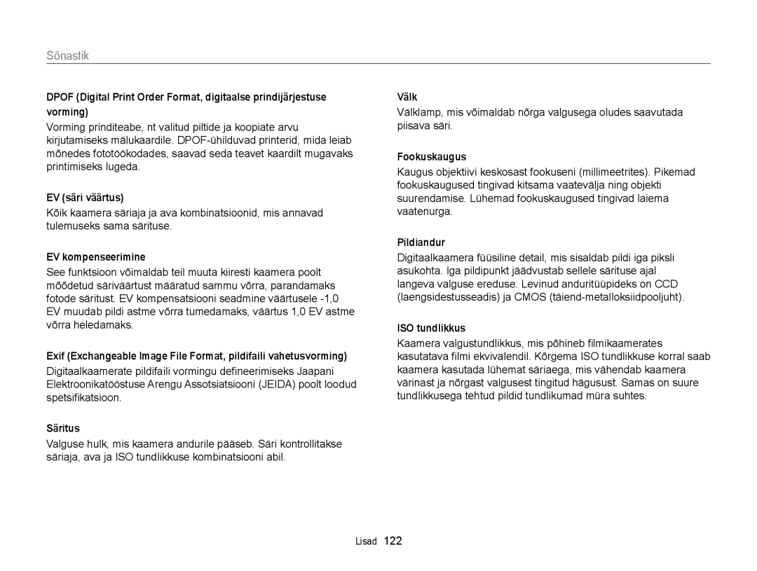 Samsung EC-ST88ZZFPLE2, EC-ST88ZZBPLE2, EC-ST88ZZBPWE2, EC-ST88ZZFPWE2, EC-ST88ZZBPBE2, EC-ST88ZZFPBE2 manual Sõnastik 