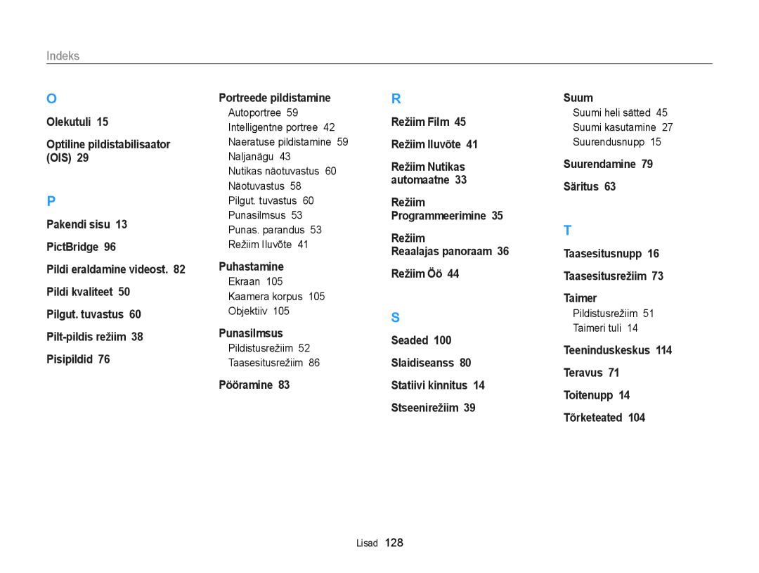 Samsung EC-ST88ZZFPLE2, EC-ST88ZZBPLE2, EC-ST88ZZBPWE2 manual Ekraan Kaamera korpus Objektiiv, Pildistusrežiim Taimeri tuli 