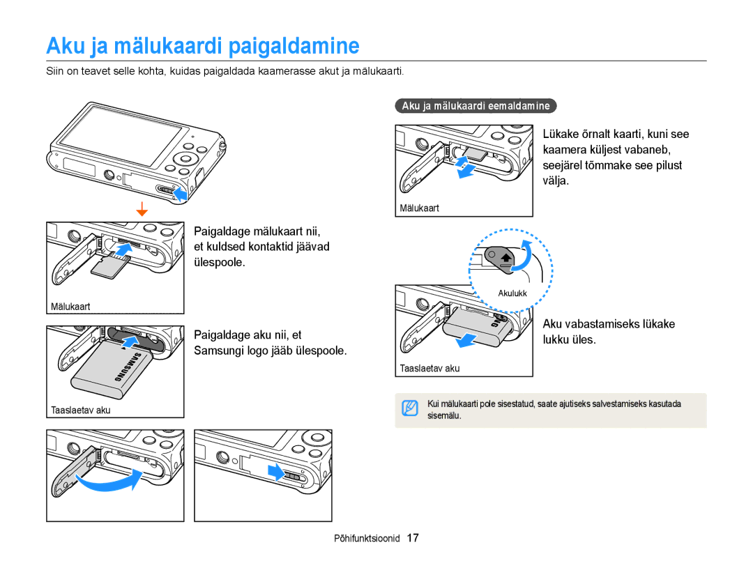 Samsung EC-ST88ZZBPLE2, EC-ST88ZZBPWE2 manual Aku ja mälukaardi paigaldamine, Ülespoole, Aku vabastamiseks lükake lukku üles 