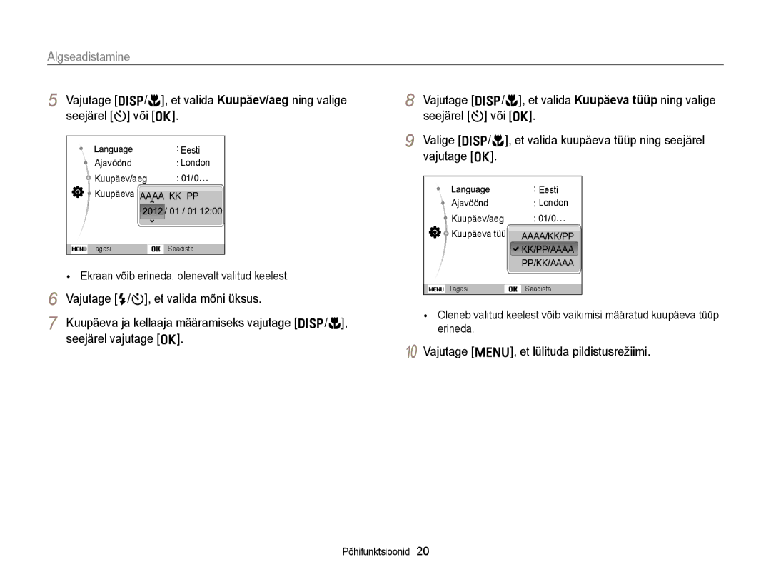 Samsung EC-ST88ZZFPLE2, EC-ST88ZZBPLE2, EC-ST88ZZBPWE2 manual Algseadistamine, Vajutage m, et lülituda pildistusrežiimi 