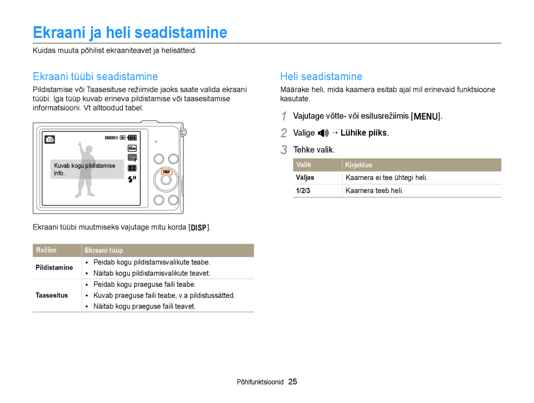 Samsung EC-ST88ZZFPWE2, EC-ST88ZZBPLE2 manual Ekraani ja heli seadistamine, Ekraani tüübi seadistamine, Heli seadistamine 