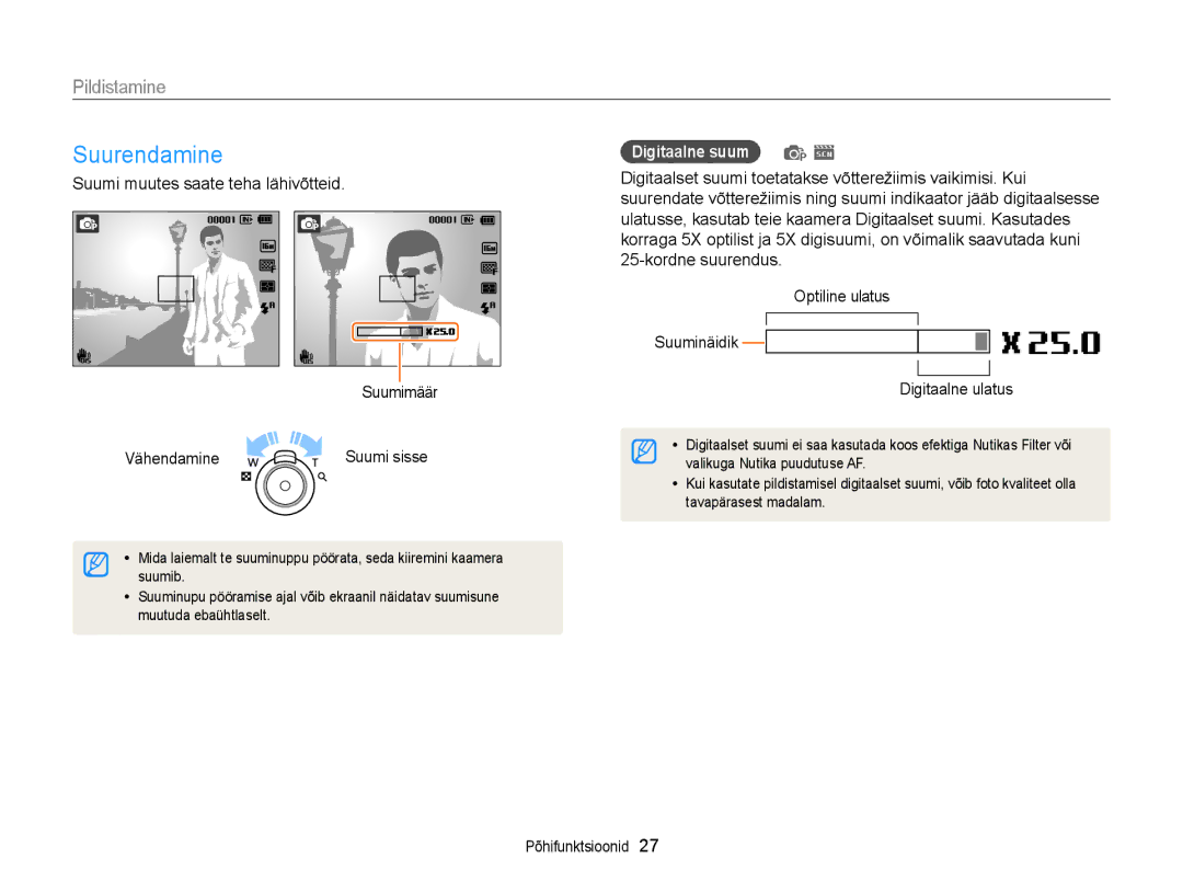 Samsung EC-ST88ZZBPBE2 manual Suurendamine, Pildistamine, Suumi muutes saate teha lähivõtteid Suumimäär Vähendamine 