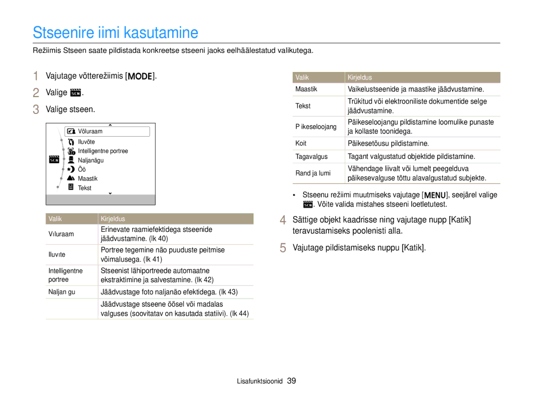 Samsung EC-ST88ZZBPBE2, EC-ST88ZZBPLE2 manual Stseenirežiimi kasutamine, Vajutage võtterežiimis M Valige s Valige stseen 