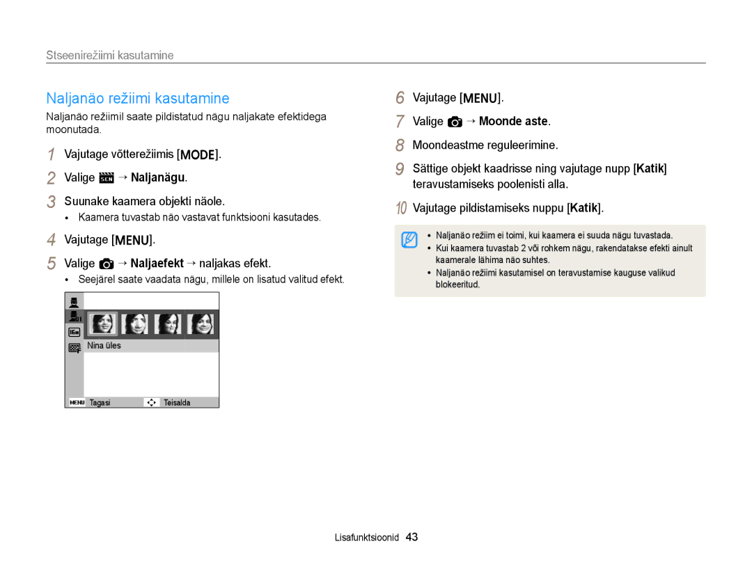 Samsung EC-ST88ZZFPWE2, EC-ST88ZZBPLE2 manual Naljanäo režiimi kasutamine, Vajutage m Valige a “ Naljaefekt “ naljakas efekt 