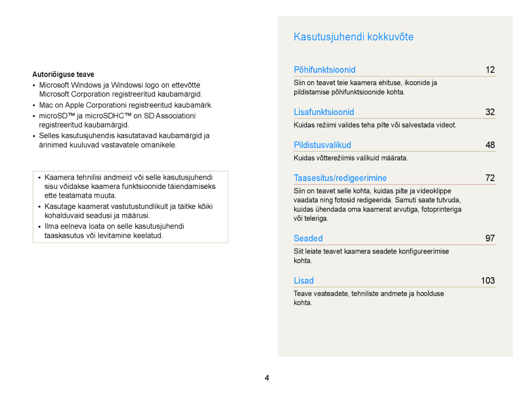 Samsung EC-ST88ZZFPBE2, EC-ST88ZZBPLE2, EC-ST88ZZBPWE2, EC-ST88ZZFPWE2 manual Kasutusjuhendi kokkuvõte, Autoriõiguse teave 