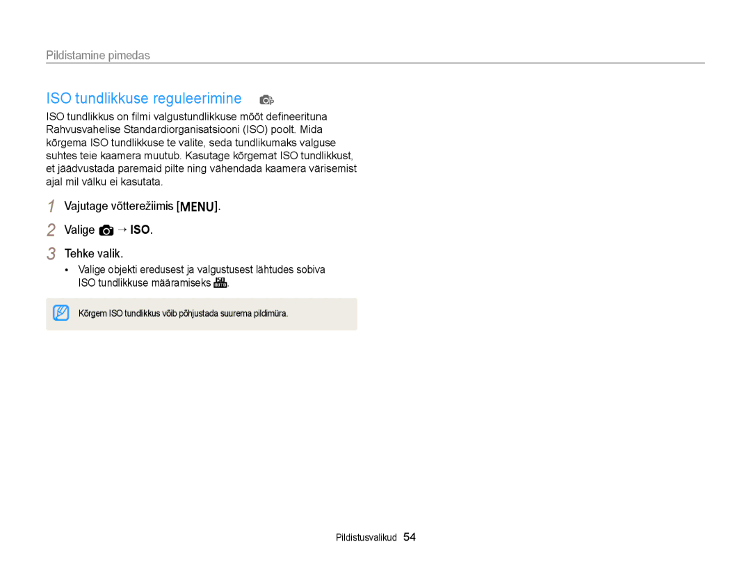 Samsung EC-ST88ZZBPWE2 manual ISO tundlikkuse reguleerimine p, Vajutage võtterežiimis m Valige a “ ISO Tehke valik 