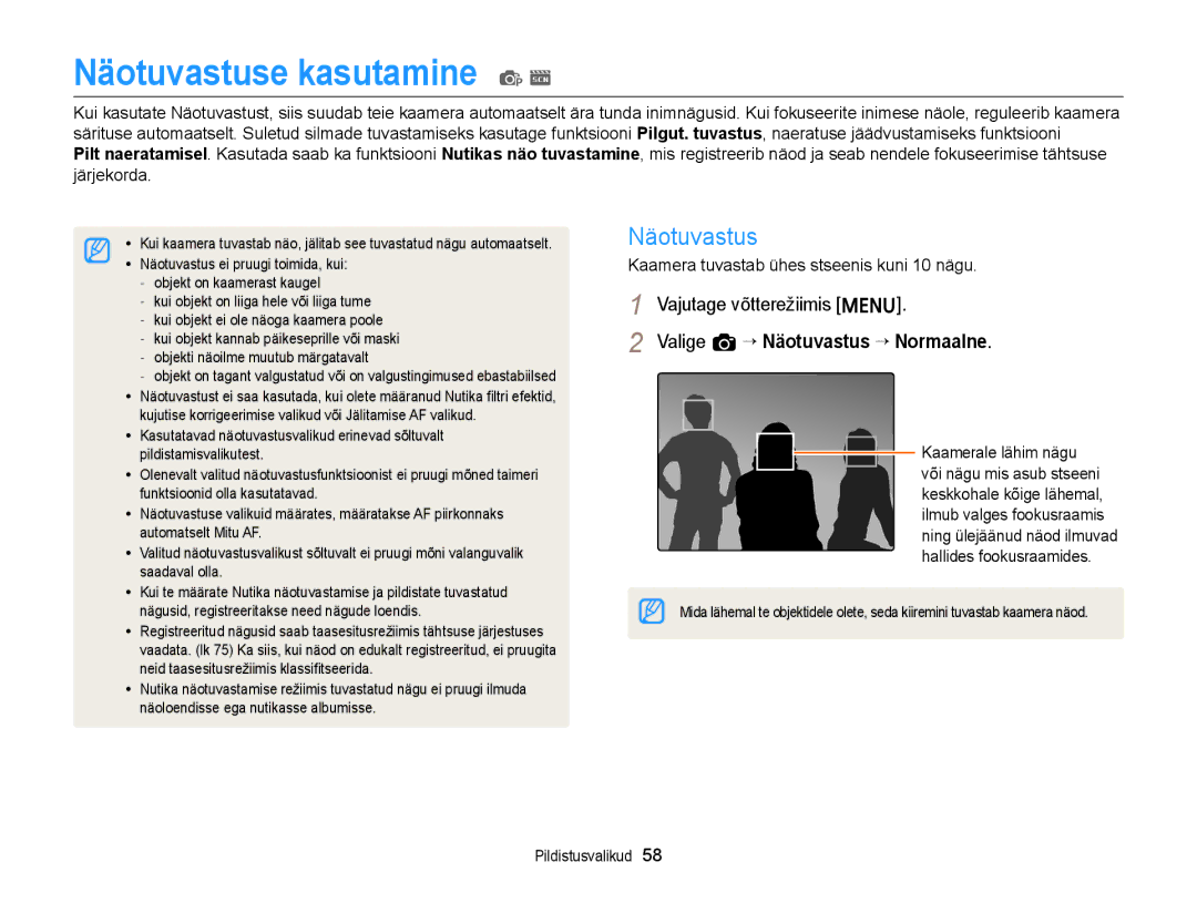 Samsung EC-ST88ZZFPBE2, EC-ST88ZZBPLE2, EC-ST88ZZBPWE2 manual Näotuvastuse kasutamine p s, Valige a “ Näotuvastus “ Normaalne 