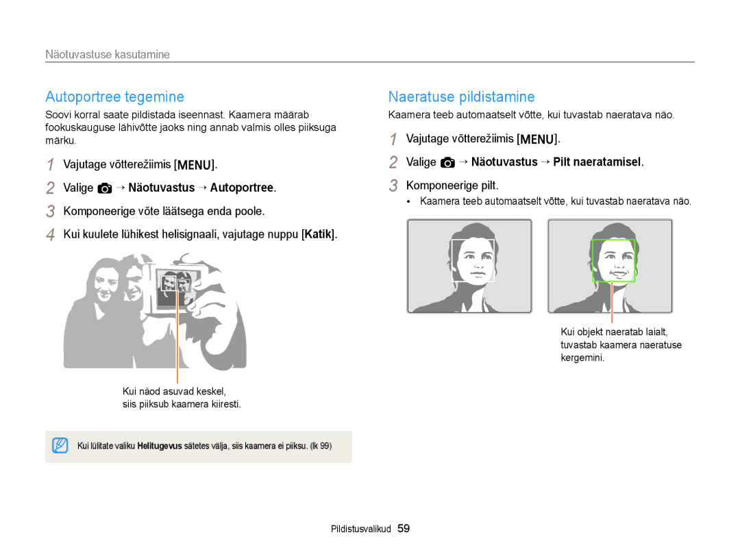 Samsung EC-ST88ZZBPLE2, EC-ST88ZZBPWE2 manual Autoportree tegemine, Naeratuse pildistamine, Näotuvastuse kasutamine 