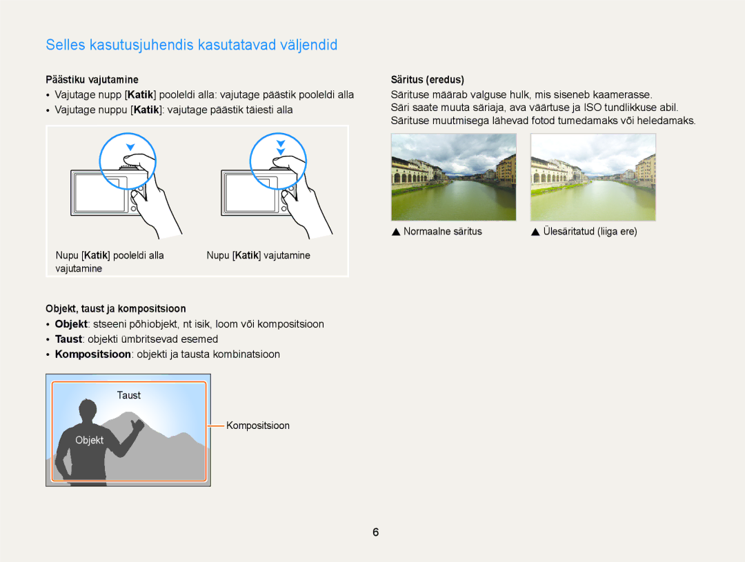 Samsung EC-ST88ZZBPWE2 Selles kasutusjuhendis kasutatavad väljendid, Päästiku vajutamine, Objekt, taust ja kompositsioon 