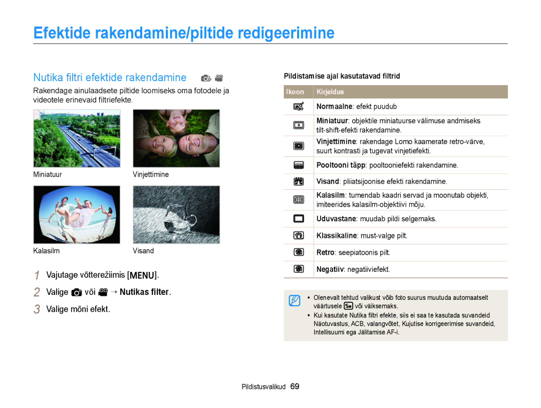 Samsung EC-ST88ZZBPBE2 Efektide rakendamine/piltide redigeerimine, Nutika ﬁltri efektide rakendamine p, Valige mõni efekt 