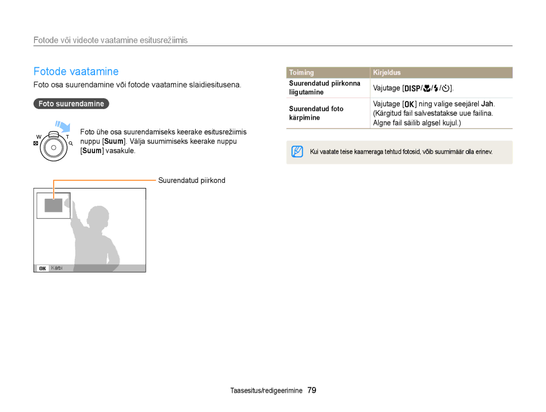 Samsung EC-ST88ZZFPWE2, EC-ST88ZZBPLE2 manual Fotode vaatamine, Foto suurendamine, Vajutage o ning valige seejärel Jah 