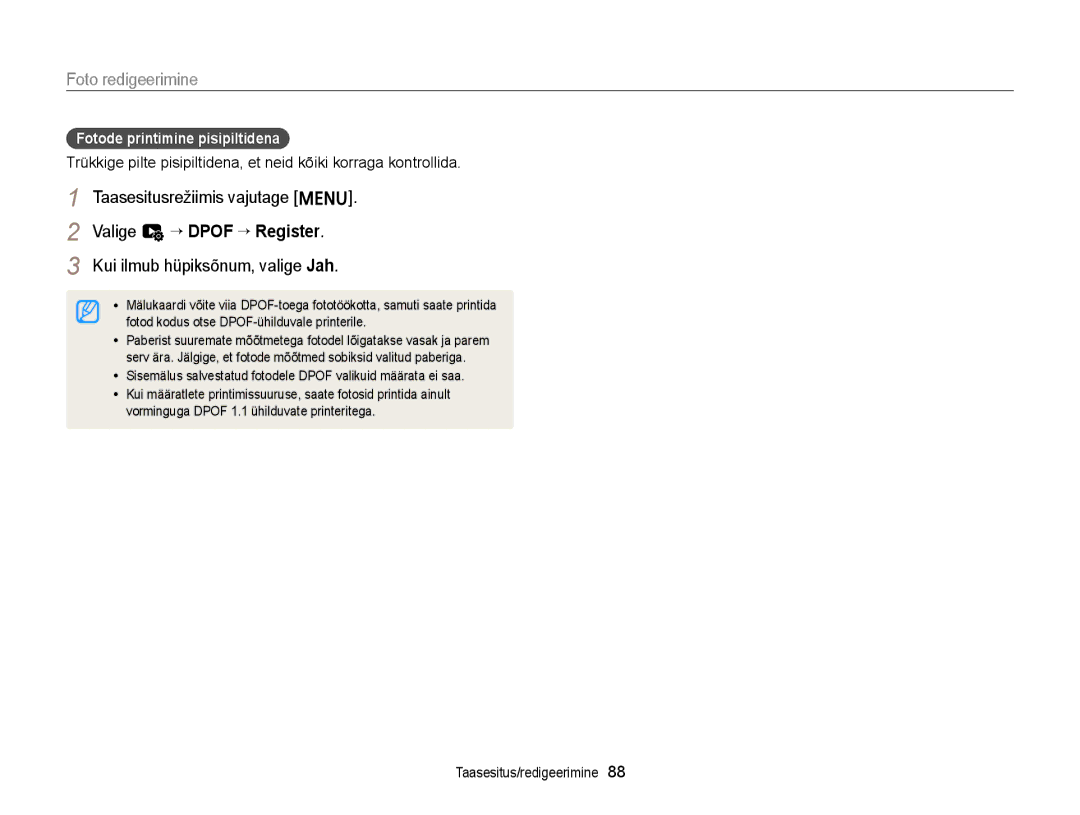 Samsung EC-ST88ZZFPBE2, EC-ST88ZZBPLE2, EC-ST88ZZBPWE2 manual Valige u “ Dpof “ Register, Fotode printimine pisipiltidena 