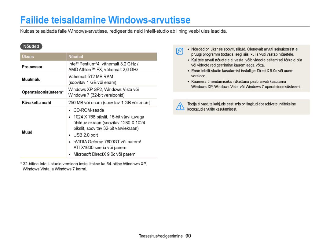 Samsung EC-ST88ZZBPWE2, EC-ST88ZZBPLE2, EC-ST88ZZFPWE2, EC-ST88ZZFPLE2 manual Failide teisaldamine Windows-arvutisse, Nõuded 