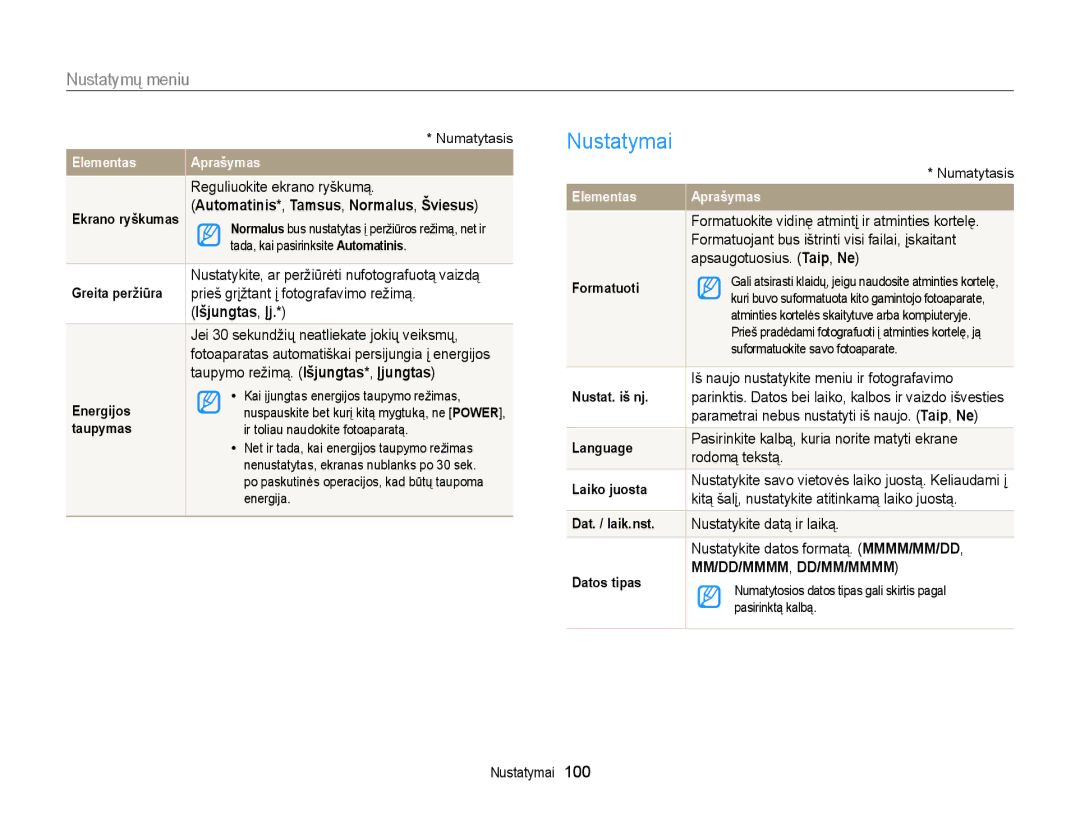 Samsung EC-ST88ZZFPBE2, EC-ST88ZZBPLE2, EC-ST88ZZBPWE2, EC-ST88ZZFPWE2, EC-ST88ZZFPLE2 manual Nustatymai, Išjungtas, Įj 