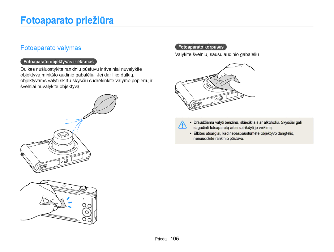 Samsung EC-ST88ZZBPBE2 Fotoaparato priežiūra, Fotoaparato valymas, Fotoaparato objektyvas ir ekranas, Fotoaparato korpusas 