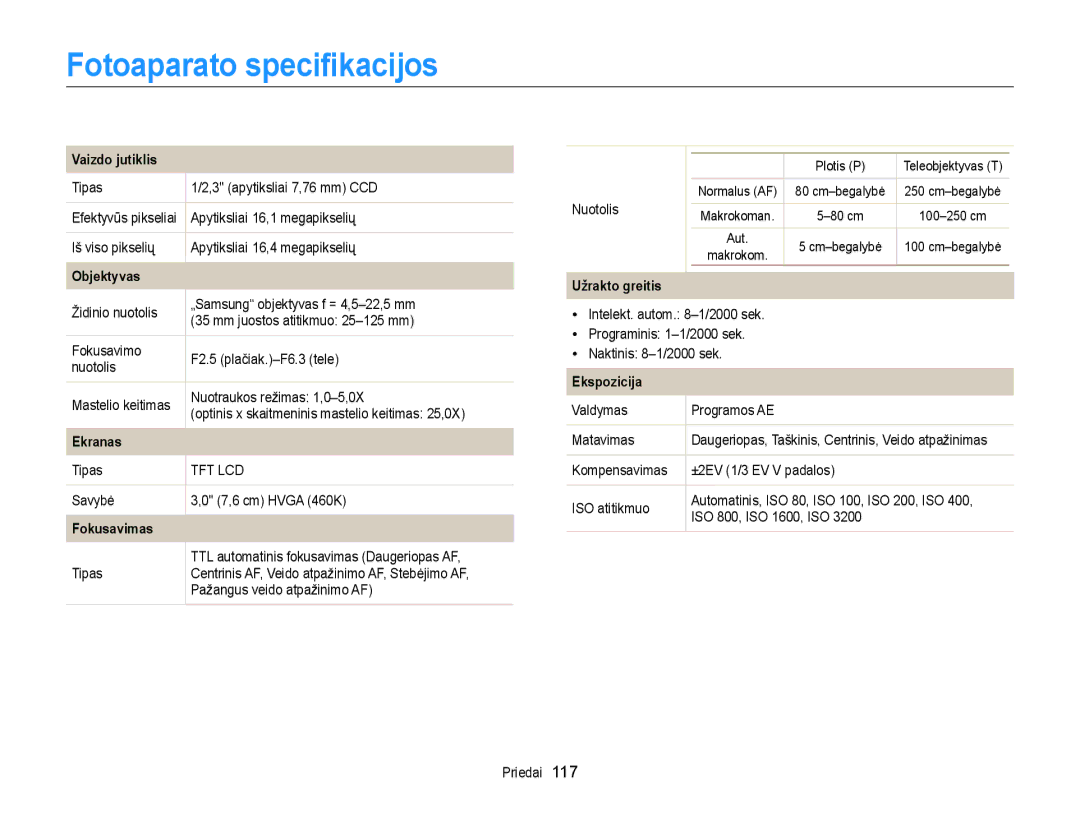 Samsung EC-ST88ZZBPBE2, EC-ST88ZZBPLE2, EC-ST88ZZBPWE2, EC-ST88ZZFPWE2, EC-ST88ZZFPLE2 manual Fotoaparato speciﬁkacijos 