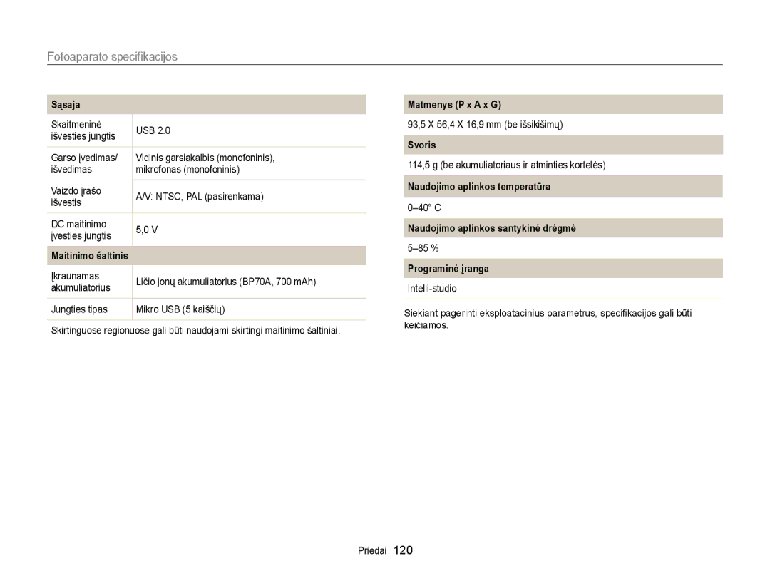 Samsung EC-ST88ZZBPWE2 manual Sąsaja, Maitinimo šaltinis, Matmenys P x a x G, Svoris, Naudojimo aplinkos temperatūra 