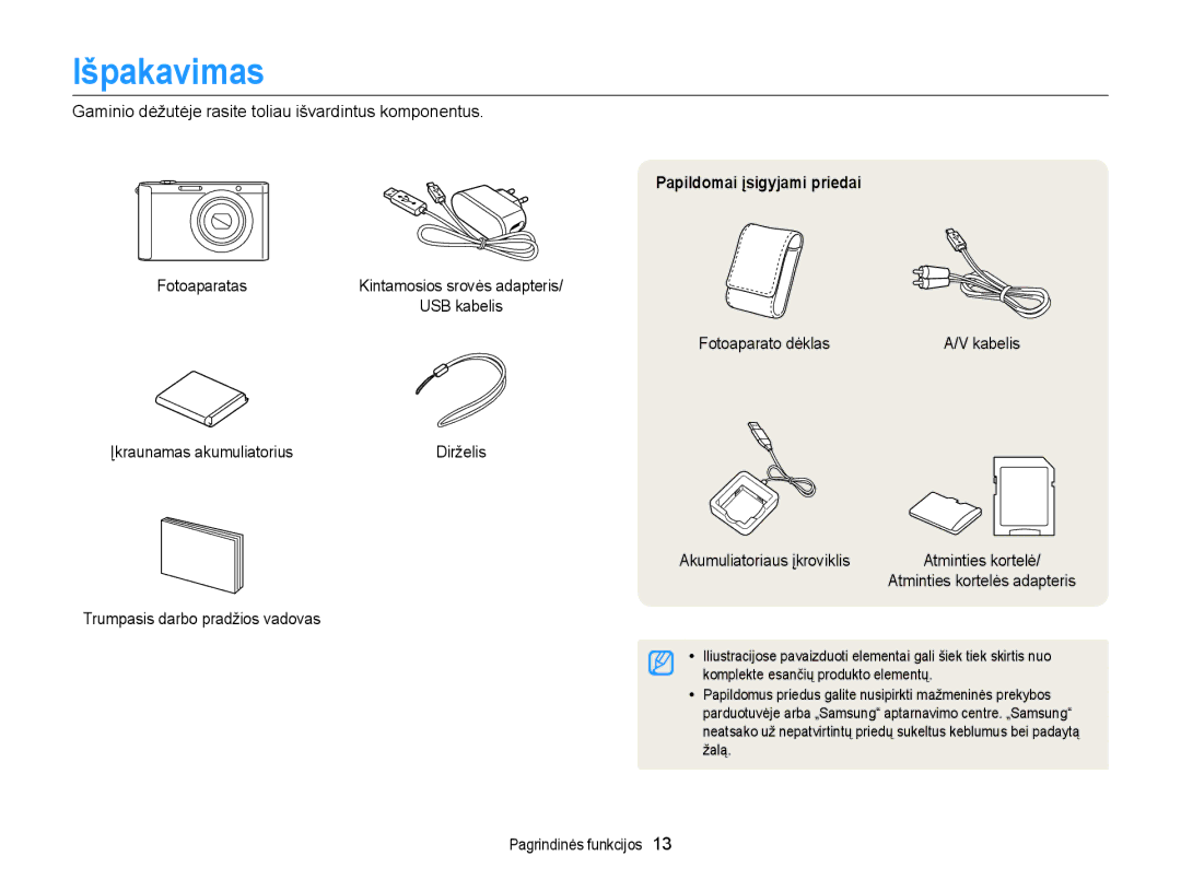 Samsung EC-ST88ZZFPWE2, EC-ST88ZZBPLE2, EC-ST88ZZBPWE2, EC-ST88ZZFPLE2 manual Išpakavimas, Papildomai įsigyjami priedai 