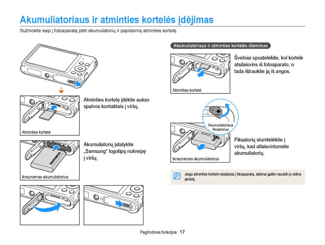 Samsung EC-ST88ZZBPLE2, EC-ST88ZZBPWE2 Akumuliatoriaus ir atminties kortelės įdėjimas, Spalvos kontaktais į viršų, Viršų 