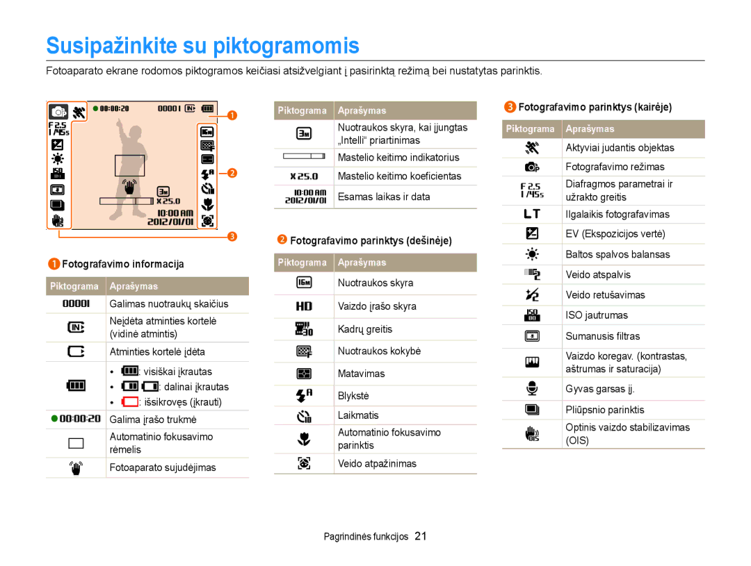 Samsung EC-ST88ZZBPBE2 manual Susipažinkite su piktogramomis, Nuotraukos skyra, kai įjungtas, Fotografavimo informacija 