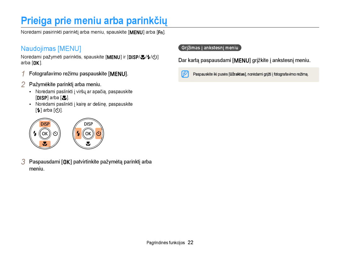 Samsung EC-ST88ZZFPBE2, EC-ST88ZZBPLE2 manual Prieiga prie meniu arba parinkčių, Naudojimas Menu, Grįžimas į ankstesnį meniu 