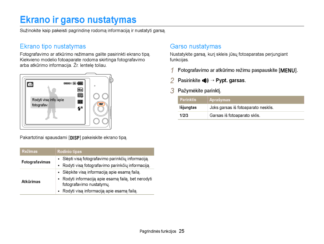 Samsung EC-ST88ZZFPWE2 Ekrano ir garso nustatymas, Ekrano tipo nustatymas, Garso nustatymas, Garsas iš fotoaparato sklis 