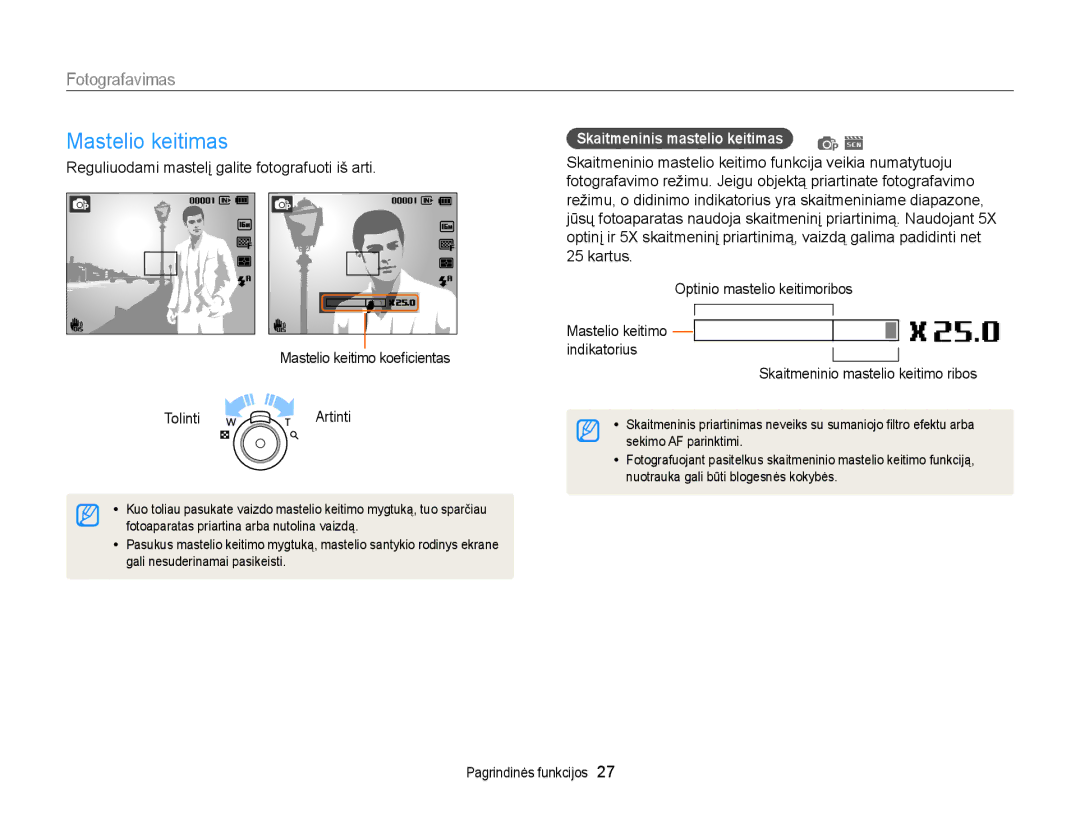 Samsung EC-ST88ZZBPBE2, EC-ST88ZZBPLE2, EC-ST88ZZBPWE2, EC-ST88ZZFPWE2, EC-ST88ZZFPLE2 manual Mastelio keitimas, Fotografavimas 