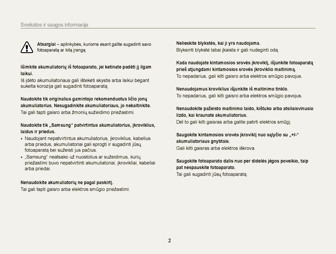 Samsung EC-ST88ZZFPLE2, EC-ST88ZZBPLE2 manual Sveikatos ir saugos informacija, Nenaudokite akumuliatorių ne pagal paskirtį 