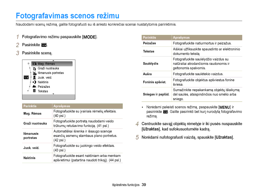 Samsung EC-ST88ZZBPBE2, EC-ST88ZZBPLE2, EC-ST88ZZBPWE2, EC-ST88ZZFPWE2, EC-ST88ZZFPLE2 manual Fotografavimas scenos režimu 