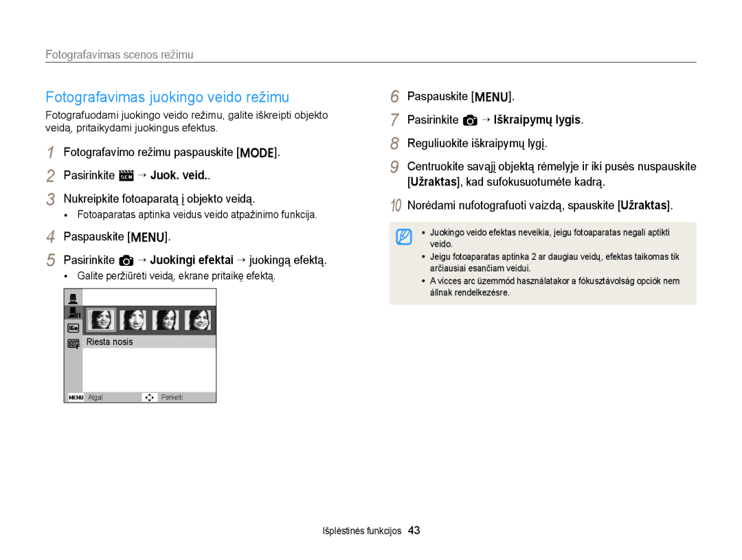 Samsung EC-ST88ZZFPWE2, EC-ST88ZZBPLE2 manual Fotografavimas juokingo veido režimu, Pasirinkite a “ Iškraipymų lygis 