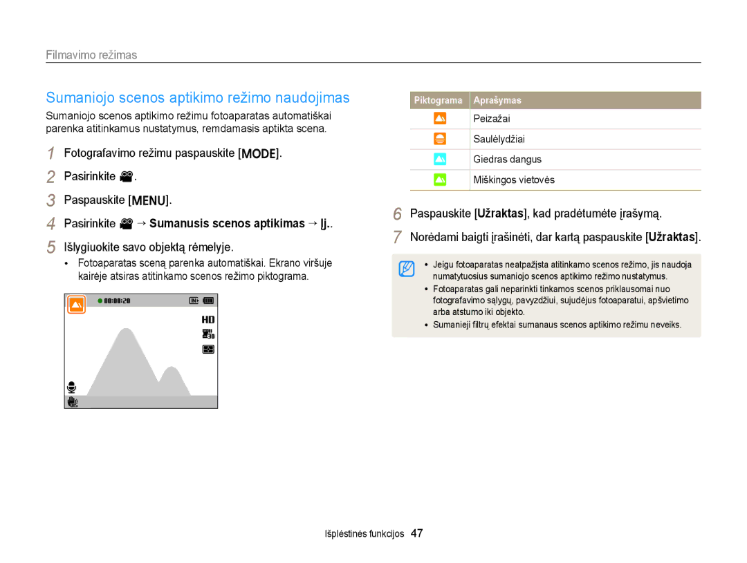 Samsung EC-ST88ZZBPLE2 manual Sumaniojo scenos aptikimo režimo naudojimas, Fotografavimo režimu paspauskite M Paspauskite m 