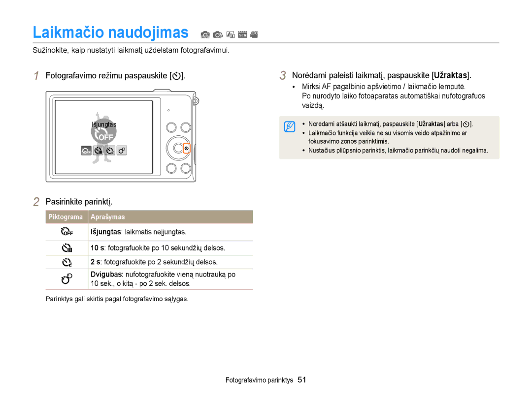 Samsung EC-ST88ZZBPBE2, EC-ST88ZZBPLE2, EC-ST88ZZBPWE2 Laikmačio naudojimas S p d s, Fotografavimo režimu paspauskite t 