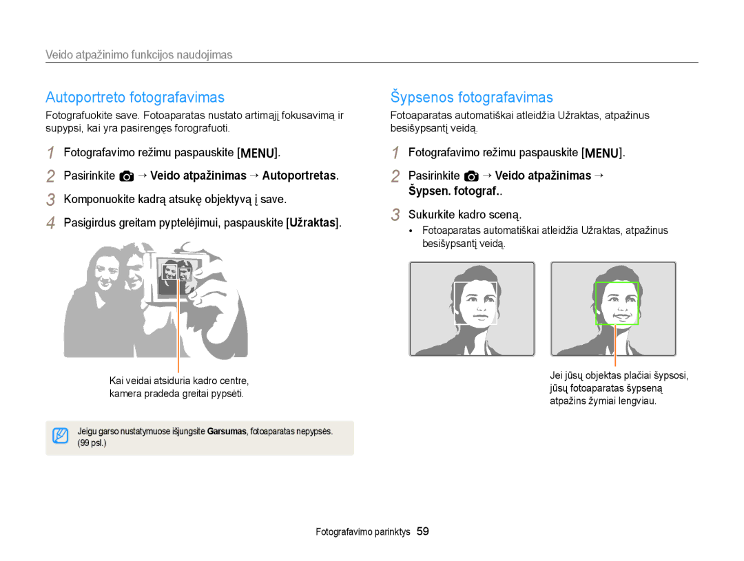 Samsung EC-ST88ZZBPLE2 manual Autoportreto fotografavimas, Veido atpažinimo funkcijos naudojimas, Sukurkite kadro sceną 